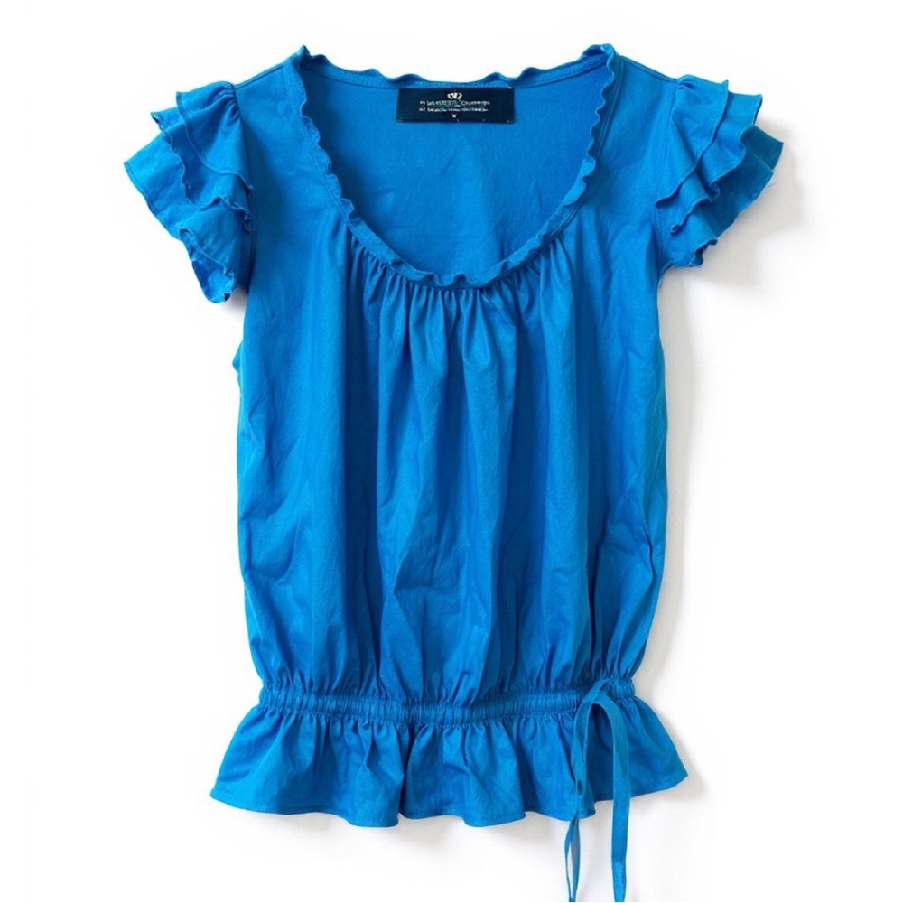 Blue flutter sleeve top with cinched waist
